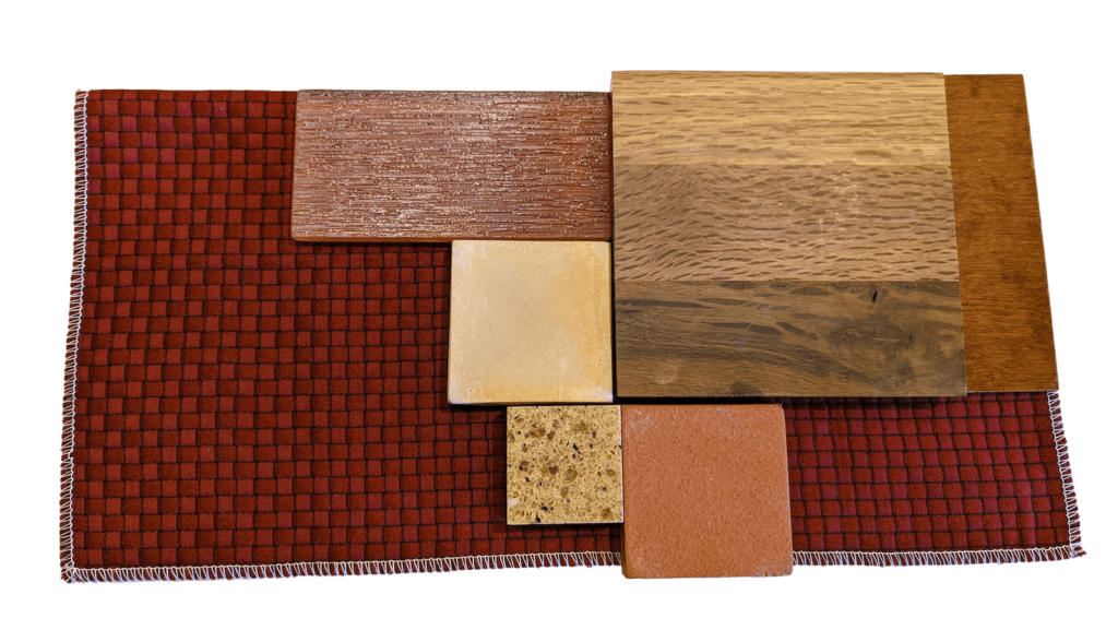 Material board featuring fabric and finish selections